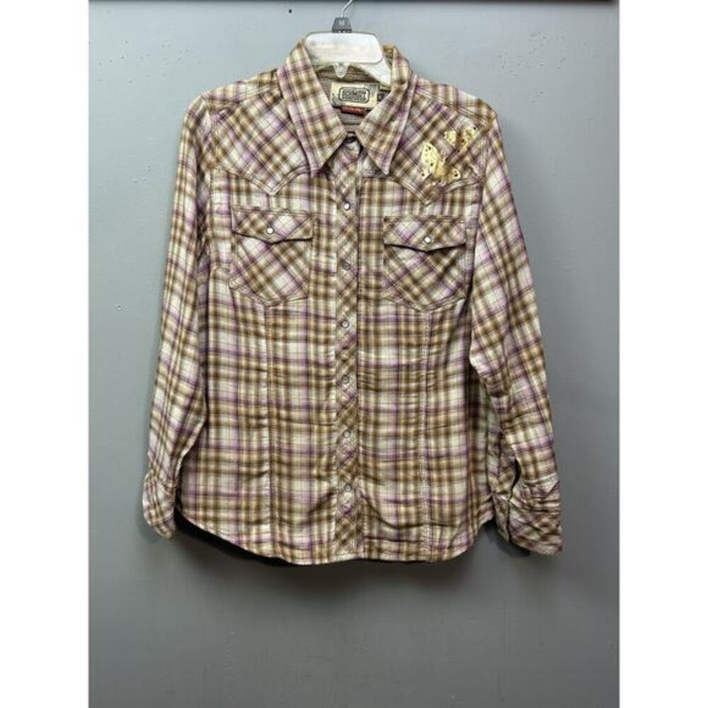 C.E. Schmidt Workwear Shirt Womens Large Brown‎ Purple Plaid Pearl Snap Western